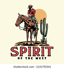 vintage cowboy riding horse in a desert illustration