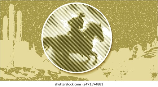 Vintage Cowboy, running horse Western Rodeo Wild West Vector Illustration in round, landscape view. A vector illustration of a cowboy poster is ideal for wall art, interior decoration.