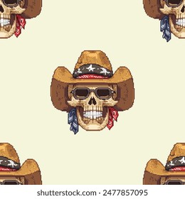 Vintage cowboy skulls seamless pattern on a beige backdrop