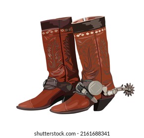 Vintage Cowgirl boots. Old traditional red leather cowboy boots with spurs. Wild west concept realistic hand drawn vector illustration isolated on white background..