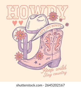 Vintage Cowgirl Graphic Tee Design with Hand-Drawn Boots, Cactus, and Retro Desert Print – Summer Vector Illustration