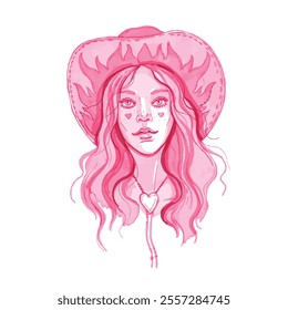 Vintage cowgirl portrait, comic Texas watercolor woman, vector beautiful curly hair, cowboy hat. Pink coquettish country female character, 50s lady fashion poster. American pretty cowgirl portrait