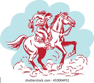VIntage cowgirl from the Wild West holding her hat and riding a galloping wild horse kicking up clouds of dust