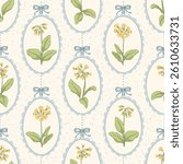 Vintage cowslip medallion vector seamless pattern, oval scalloped cameo frames with bows and ribbon. Classic Victorian-inspired delicate botanical floral primrose print for traditional cottage textile