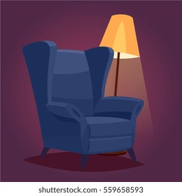 vintage cozy chair in a dark room with a floor lamp.