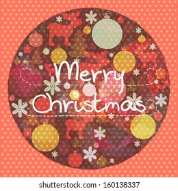 Vintage cozy Christmas background with the xmas baubles, fir trees, moose and snowflakes. Xmas design elements in shape of circle on polka dot background.