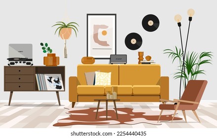 Vintage and cozy space with poster frame, sofa, coffee table, plants, commode, decoration and personal accessories. - Shutterstock ID 2254440435