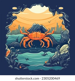 vintage crab in under water ocean sea view scene logo vector illustration