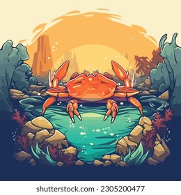 vintage crab in under water ocean sea view scene logo vector illustration