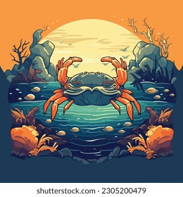 vintage crab in under water ocean sea view scene logo vector illustration