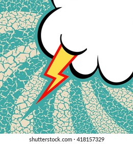 Vintage, cracked background. Pop art, comic style. Cloud with ray.