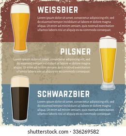 Vintage craft beer banners in dirty grunge style. Vector illustration of German beer styles. Glasses of weissbier (wheat ale), schwarzbier (black lager) and pilsner lager.