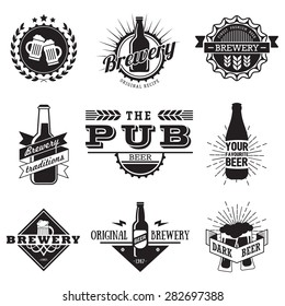 Vintage craft beer, brewery retro design elements, emblems, symbols, icons, pub labels, badges collection. Business signs template, logos, identity, labels, badges and objects.