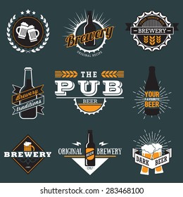 Vintage craft beer, brewery retro design elements, emblems, symbols, icons, pub labels, badges collection. Business signs template, logos, identity, labels, badges and objects.