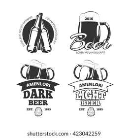 Vintage craft beer brewery vector emblems or labels. Beer alcohol beverage logo set with glass and bottle. Lager and ale beer badges for pub, vector illustration