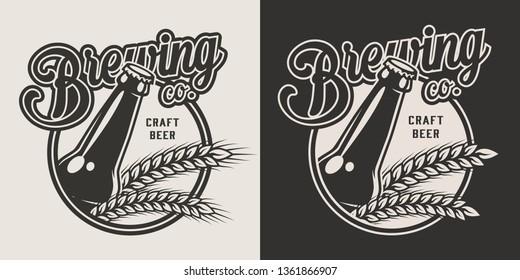 Vintage craft beer emblem with glass bottle and barley ears in monochrome style isolated vector illustration