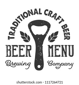 Vintage craft beer logo concept wigh tin opener, hop barley ear and inscriptions isolated vector illustration