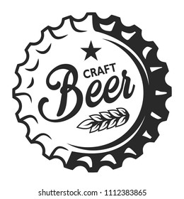 Vintage craft beer logo with wheat ear and inscription on bottle cap isolated vector illustration