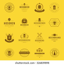 Vintage craft beer logos and badges with barrels, hop cones and beer glass mugs symbols vector illustration. Typographic logotypes set.