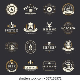 Vintage craft beer logos and badges with barrels, hop cones and beer glass mugs symbols vector illustration. Typographic logotypes set.