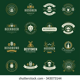 Vintage craft beer logos and badges with barrels, hop cones and beer glass mugs symbols vector illustration. Typographic logotypes set.