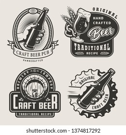 Vintage craft beer prints with male hand holding bottle beer glass wheat ears pretzel bottle cap and wooden barrel isolated vector illustration