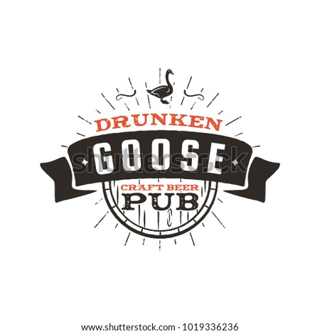 Vintage craft beer pub label. Drunken goose brewery retro design element. Hand drawn emblem for bar. Business signs template, logo, identity object. Stock vector isolated on white background.