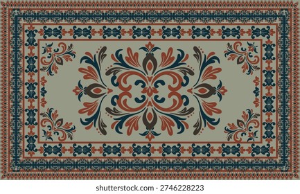 Vintage cream rug pattern with symmetrical teal and rust floral ornament and detailed layered border, classic rectangular carpet design