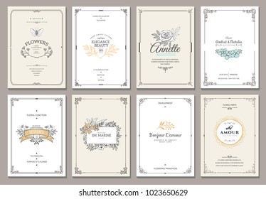 Vintage creative cards template with beautiful flourishes ornament elements. Elegant design for corporate identity, invitation, book covers. Design of background products.