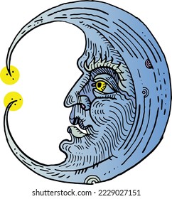 Vintage crescent moon with a face. Hand drawn engraving medieval fantasy tattoo style illustration. Antique astrological symbol. Esoteric, occult, witchcraft, alchemy, boho, astrology, zodiac.