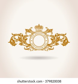 Vintage crest Decorative Elements Flourishes Calligraphic Ornament gold. Elegant emblem template monogram luxury frame. Royal line logo. Vector sign for restaurant, boutique, heraldic, cafe, hotel