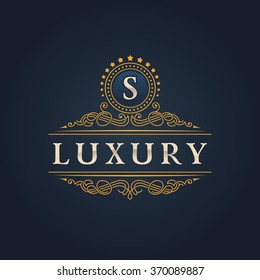 Vintage crest logo Elements Flourishes Calligraphic Ornament. Letter S. Elegant emblem template monogram luxury frame. Royal line logo. Vector sign for restaurant, boutique, heraldic, cafe, hotel