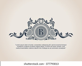 Vintage Crest Logo Elements Flourishes Calligraphic Ornament. Letter B. Elegant Emblem Template Monogram Luxury Frame. Royal Line Logo. Vector Sign For Restaurant, Boutique, Heraldic, Cafe, Hotel