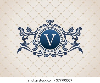 Vintage crest logo Elements Flourishes Calligraphic Ornament. Letter V. Elegant emblem template monogram luxury frame. Royal line logo. Vector sign for restaurant, boutique, heraldic, cafe, hotel