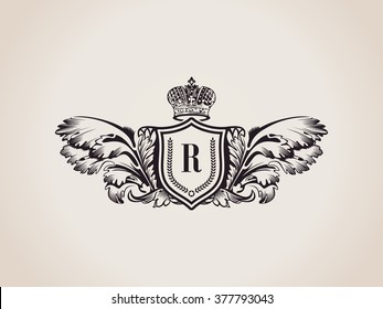 Vintage crest logo Elements Flourishes Calligraphic Ornament. Letter R. Elegant emblem template monogram luxury frame. Royal line logo. Vector sign for restaurant, boutique, heraldic, cafe, hotel