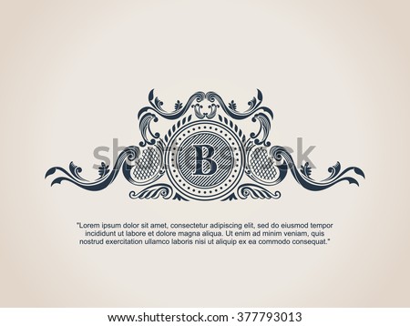 Vintage crest logo Elements Flourishes Calligraphic Ornament. Letter B. Elegant emblem template monogram luxury frame. Royal line logo. Vector sign for restaurant, boutique, heraldic, cafe, hotel