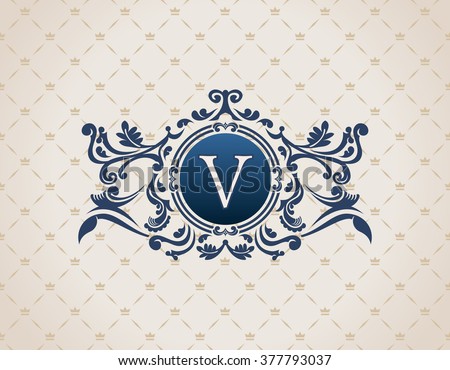 Vintage crest logo Elements Flourishes Calligraphic Ornament. Letter V. Elegant emblem template monogram luxury frame. Royal line logo. Vector sign for restaurant, boutique, heraldic, cafe, hotel