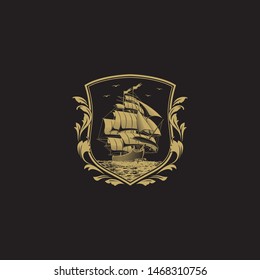 Vintage Crest with Majestic Sail Ship. Barbary Corsair Boat Ship in Classic Elegant Shield Style Cress with Gold on Black Background. 