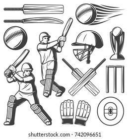 Vintage cricket elements collection with players wicket and sport equipment in hand drawn style isolated vector illustration