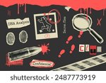 Vintage crime scene elements with a retro halftone style. Fingerprints, a magnifying glass, a bullet, footprints, notes. Modern Y2K mixed media. Perfect for mystery, detective, crime-themed projects.