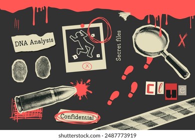 Vintage crime scene elements with a retro halftone style. Fingerprints, a magnifying glass, a bullet, footprints, notes. Modern Y2K mixed media. Perfect for mystery, detective, crime-themed projects.