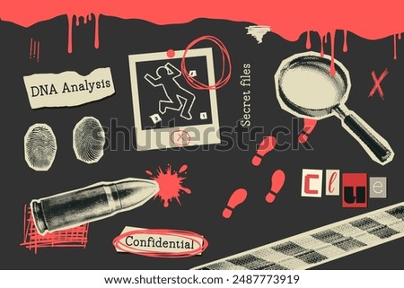 Vintage crime scene elements with a retro halftone style. Fingerprints, a magnifying glass, a bullet, footprints, notes. Modern Y2K mixed media. Perfect for mystery, detective, crime-themed projects.