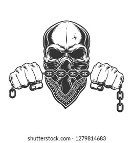 Vintage criminal concept with skull in bandana on face and male hands holding chain isolated vector illustration