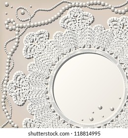 Vintage Crochet Doily With Pearl Necklace On Grunge Background