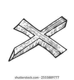 Vintage Cross Mark Symbol, Hand-Drawn Vector, Graphic Style, Cartoon Illustration, Black and White, Sketch Style, Isolated on White Background