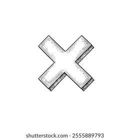 Vintage Cross Mark Symbol, Hand-Drawn Vector, Graphic Style, Cartoon Illustration, Black and White, Sketch Style, Isolated on White Background