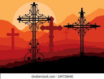 Vintage cross on a hill at sunset vector background concept landscape