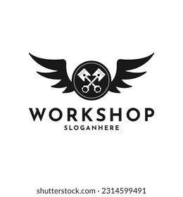 Vintage cross piston and wing, mechanic garage logo design