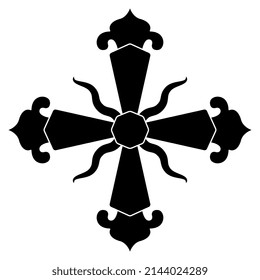 Vintage cross shape. Russian vintage style. Religious Christian symbol. Black and white silhouette.