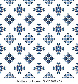 Vintage cross stitch traditional ethnic pattern.Blue floral pixel art embroidery. Elegance background abstract Aztec  seamless pattern for fabric,cloth,dress,carpet,curtain,sarong,batik.